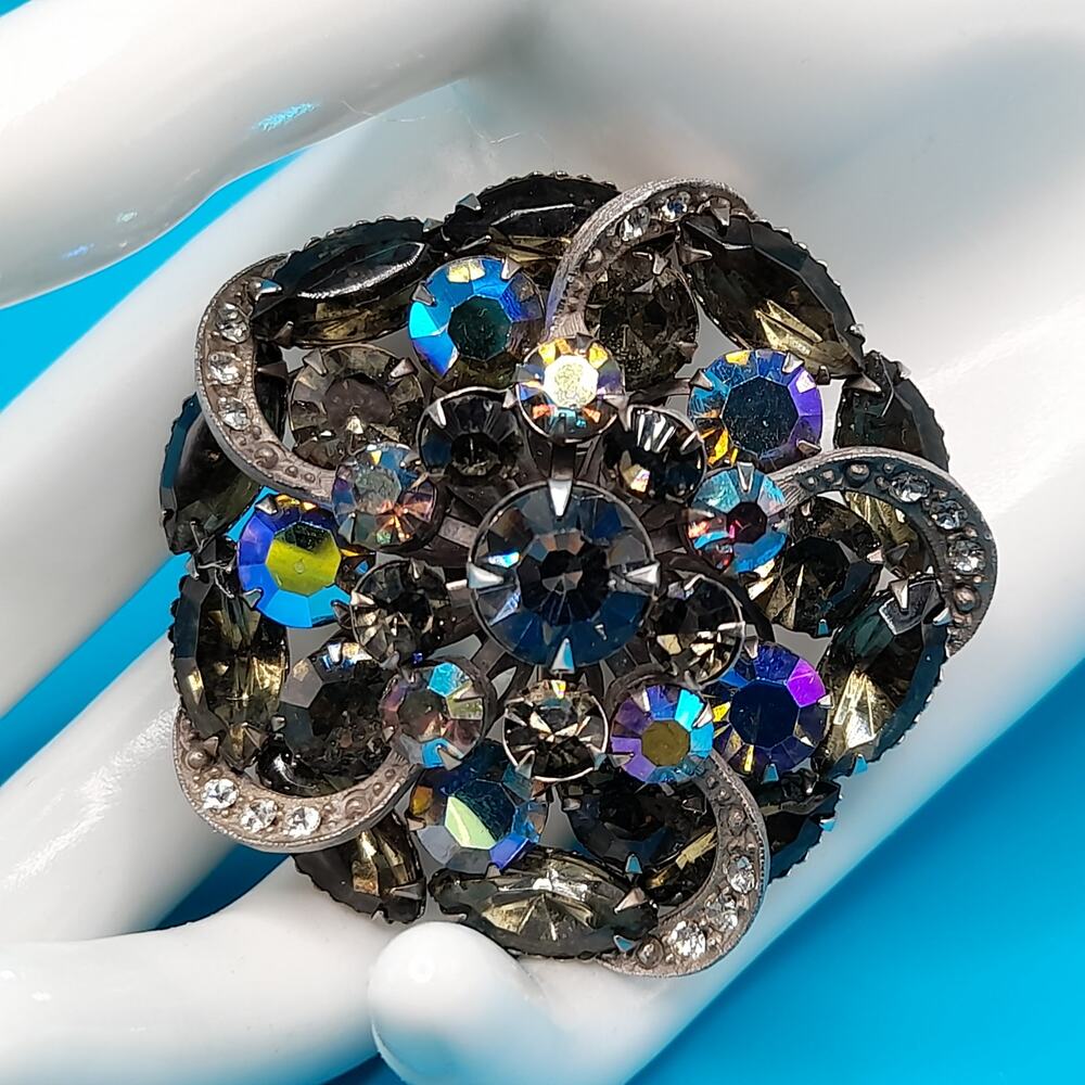 Vintage AB Black Diamond Rhinestone Flower Brooch Silver Tone 2 Inch